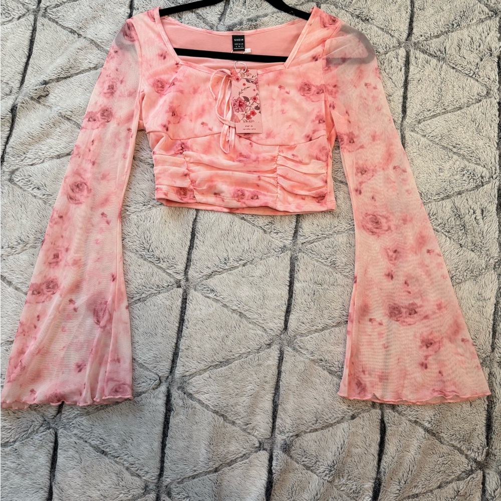 SHEIN Pink Floral Bell Sleeve Blouse